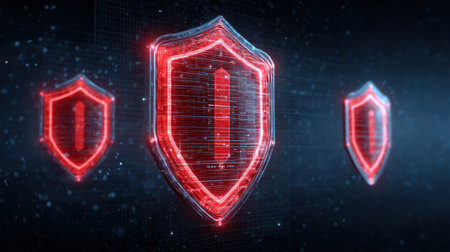This image features stylized digital shields representing cybersecurity and data protection. The glowing design highlights themes of safety and technology in a modern context.の素材