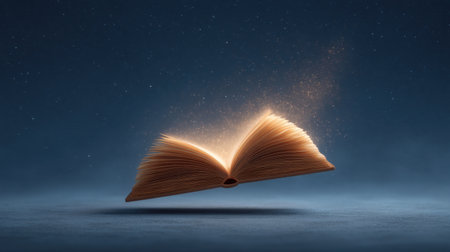 Experience the magic of an open storybook radiating light and shimmering particles, creating a dreamlike atmosphere perfect for inspiring creativity and imagination.の素材
