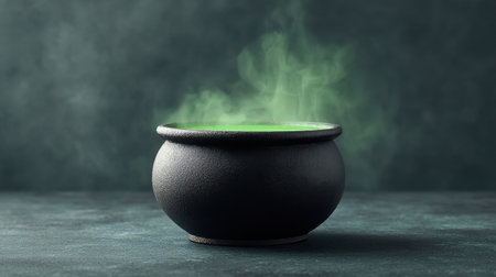 A black cauldron filled with a vibrant green potion releasing wisps of smoke, creating a mystical atmosphere perfect for fantasy themes or Halloween decorations.の素材