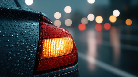 This image captures a close-up view of a car tail light illuminated by street lights on a rainy night, creating a vivid urban scene with artistic bokeh effects.の素材
