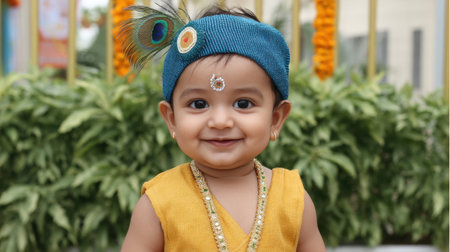 A delightful portrait of a young child dressed as Krishna, featuring a peacock feather, a vibrant traditional outfit, and a charming smile amidst a festive setting.の素材