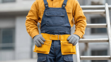 A professional repairman stands confidently on a ladder, wearing a uniform with gloves and a toolbelt. He is poised for work in a construction environment.の素材