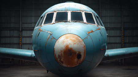 Capture the essence of vintage aviation with this detailed portrait of a rusty aircraft nosecone in an abandoned hangar, showcasing nostalgia and repair efforts.の素材