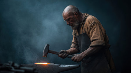 A dedicated blacksmith shapes glowing hot iron under the dim light of his workshop, showcasing the artistry and intensity of traditional metalworking craftsmanship.の素材