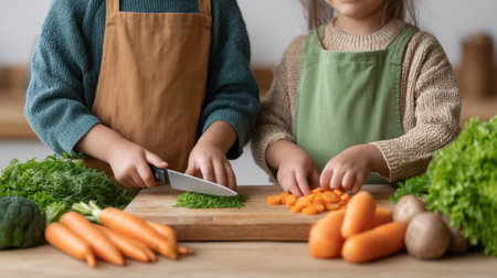 A heartwarming scene of a mother and daughter bonding in the kitchen, chopping fresh vegetables together on a wooden cutting board for a nutritious family meal.の素材