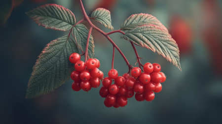 Discover the allure of bright red berries and lush green leaves captured in soft sunlight, creating a serene atmosphere that highlights nature's stunning beauty.の素材