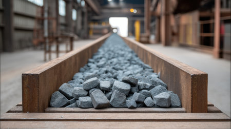 A detailed perspective of granite rocks placed on metal rails within an industrial warehouse, showcasing the unique textures and warehouse atmosphere under warm lighting.の素材