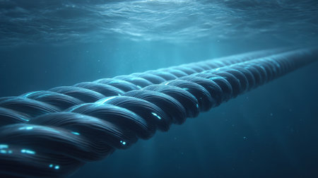Experience the serene beauty of glowing fiber cables beneath the water's surface, capturing the essence of technological connectivity in aquatic environments.の素材