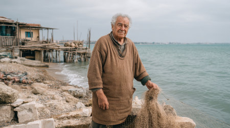 An elderly fisherman stands by the shore, mending his fishing net under cloudy skies, surrounded by rustic buildings and tranquil waters, showcasing traditional craftsmanship.の素材
