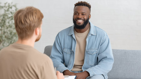 A friendly conversation between a patient and specialist in a bright setting focused on health and wellness, emphasizing trust and support in the therapeutic process.の素材