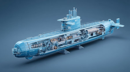 This intricate 3D illustration showcases a submarine with a transparent view, highlighting its internal compartments and components, embodying technology and engineering.の素材