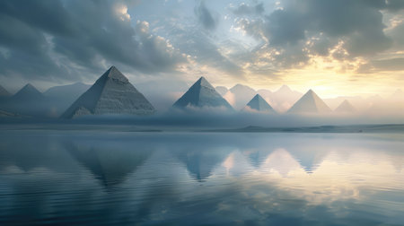 Dramatic landscape of pyramids on the Nile floodplain, reflecting in the calm waters under a cloudy skyの素材
