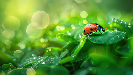 Fresh morning dew on vibrant green grass, with a single ladybug exploring the lush leaves, capturing the essence of a peaceful morningの素材