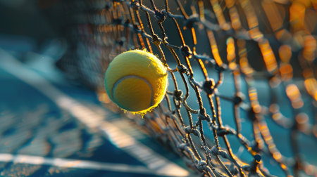 A tennis ball hitting the net tape before falling into the opponent's court, signifying a winning point.の素材
