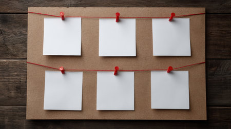 A creative workspace featuring blank notes pinned to a cork board with red string, perfect for organizing ideas and enhancing productivity in offices or studios.の素材