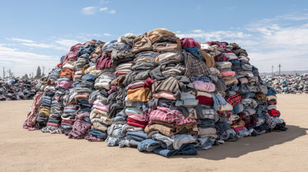 A large pile of unwanted garments in an open area illustrates the environmental challenge posed by textile waste and highlights the critical issue of overconsumption in fashion.の素材