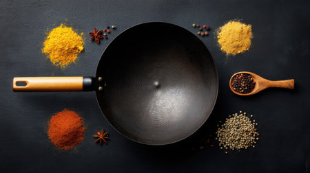 Explore the vibrant scene of a sizzling wok surrounded by an array of spices on a black cloth, inviting culinary creativity and flavor exploration.の素材