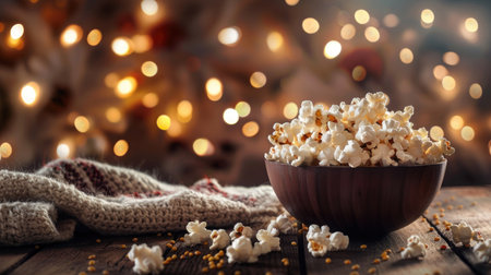 A bowl of freshly popped popcorn on a wooden table, with kernels scattered around and a cozy background.の素材