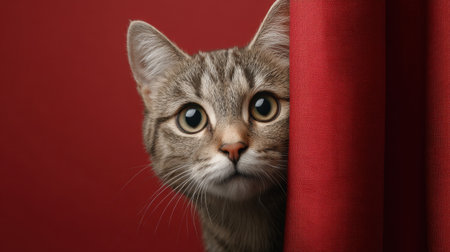 A curious domestic cat peeks through a gap in a rich red curtain, its whiskers prominently displayed. This enchanting moment captures the cat's inquisitive expression in soft light.の素材