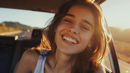 Cheerful young woman sitting on the back seat of a car, enjoying a road trip adventure with a big smile, capturing the joy of traveling and explorationの素材