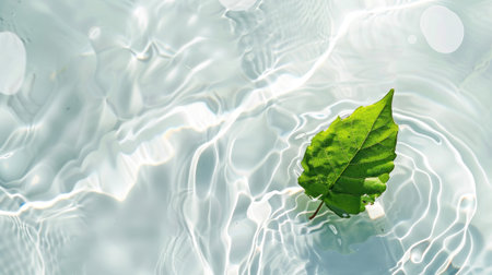 A single green leaf on transparent white water, sunlight dancing on the surface, creating a calming and beautiful top view mock-upの素材