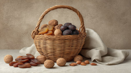 This beautiful still life image features a woven basket filled with a variety of dried fruits and nuts, set against a soft, neutral background. Perfect for showcasing natural foods.の素材