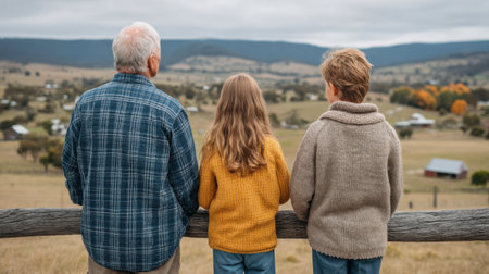 A touching family moment as three members gaze upon a beautiful countryside landscape. The connection reflects love and serenity amid nature's splendor.の素材