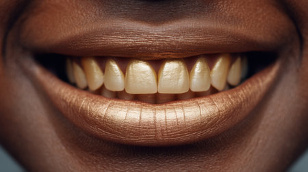 This close-up image captures a beautiful open smile, emphasizing the natural detail of teeth and showcasing warm tones, perfect for health and beauty themes.の素材