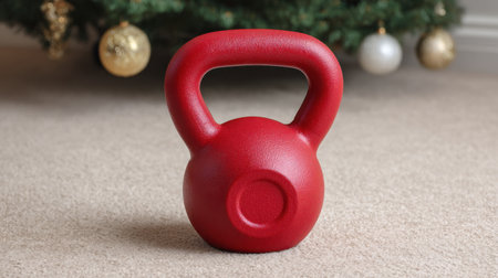A vibrant red kettlebell sits on a plush carpeted floor next to a beautifully decorated Christmas tree, symbolizing fitness amid festive celebration and holiday cheer.の素材