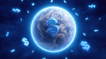 A captivating image of Earth illuminated by blue light, surrounded by floating dollar signs. This visual represents the modern global economy and digital finance dynamics.の素材