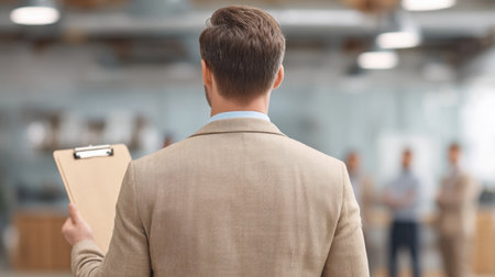 A professional individual stands from the rear, holding a clipboard while observing teamwork in a modern business environment, highlighting leadership and collaboration.の素材