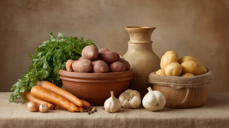A beautiful arrangement of fresh healthy foods showcases root vegetables, garlic, and herbs in warm tones, perfect for culinary inspiration and rustic decor.の素材