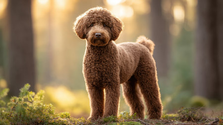 A charming brown poodle stands proudly in a serene wood environment, surrounded by lush greenery and soft light, embodying warmth and natural beauty.の素材