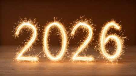 An enchanting display of colorful sparklers beautifully forming the numerals 2026, creating a captivating and festive atmosphere perfect for celebrations and events.の素材