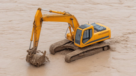 A yellow excavator is seen operating in a muddy water area, actively removing dirt and debris from the site, showcasing heavy machinery in action during a construction project.の素材
