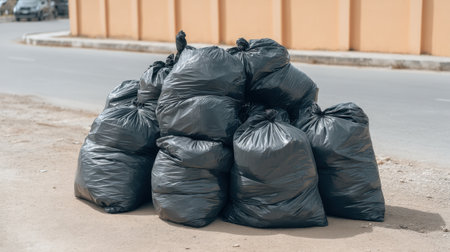 A stack of black garbage bags piled up in a city corner, illustrating the challenges of waste management and environmental pollution in urban environments.の素材