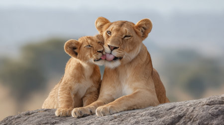 A heartwarming scene capturing a lion cub lovingly licking its mother, the lioness, as they rest together. This moment reflects the deep bond and affection within wildlife.の素材