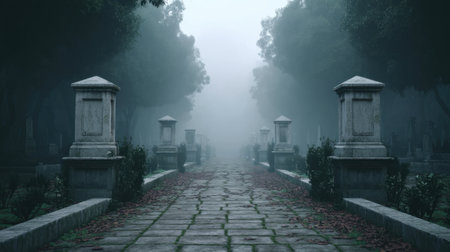 A mesmerizing path leads through an eerie cemetery, shrouded in dense mist and silence, creating a haunting atmosphere perfect for evoking feelings of solitude.の素材