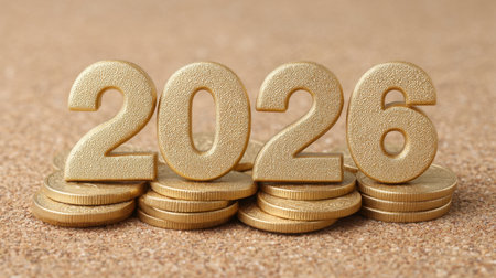 Shiny gold numbers stand tall among a pile of glittering coins, representing celebrations and new beginnings, ideal for festive themes and joyful occasions.の素材