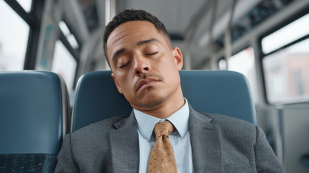 A young man in a suit takes a moment to rest while riding public transit in the early morning. His serene expression reflects the fatigue of daily commuting life.の素材