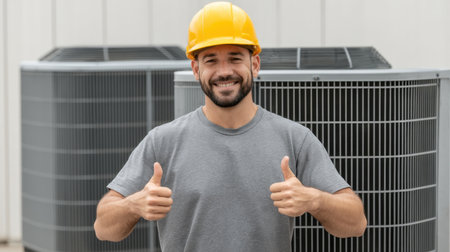 A skilled HVAC technician poses confidently beside outdoor air conditioning units, giving a thumbs-up sign. This image reflects professionalism and expertise in HVAC services.の素材