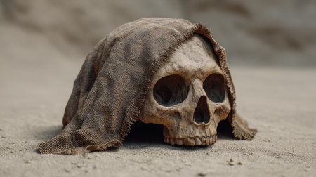 A striking image of a skull half-covered by torn fabric, resting on sandy ground in a desert setting, evokes a sense of mystery and ancient stories waiting to be uncovered.の素材