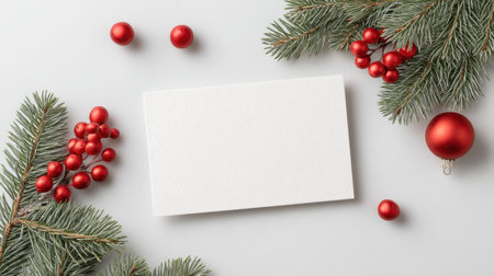 A minimalist winter greeting card lies among vibrant red berries and lush evergreen branches, creating an inviting festive scene perfect for seasonal messages.の素材