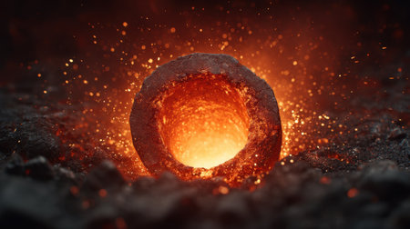Experience the dramatic beauty of molten metal glowing in vibrant red and orange hues, surrounded by sparks in a captivating industrial forge scene.の素材