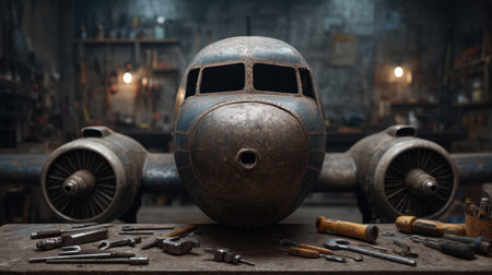 A close-up view of an oxidized airplane nose section, expertly surrounded by various vintage tools, set against a rustic workshop backdrop, showcasing a blend of craftsmanship and history.の素材