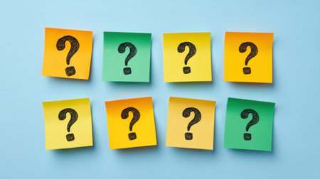 Colorful sticky notes with hand-drawn question marks arranged on a bright surface, ideal for creative projects, brainstorming sessions, and communication ideas.の素材