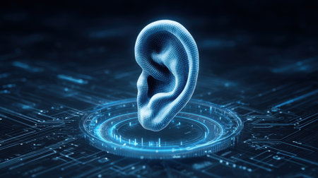 Explore a futuristic digital ear structure surrounded by glowing circuit data, representing advanced technology and sound sensors in a high-tech environment.の素材