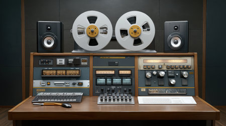 Captivating view of a vintage recording studio, showcasing a reel-to-reel tape deck, professional speakers, and various analog equipment designed for music production.の素材
