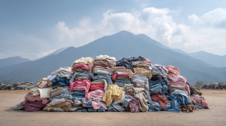 A vast pile of assorted clothing and textiles sits outdoors, surrounded by mountains under a clear sky, emphasizing the issue of textile waste in nature.の素材