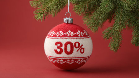 A beautiful red and white Christmas ornament featuring a bold 30% discount, hanging gracefully on a green tree branch, perfect for festive holiday decor and promotions.の素材